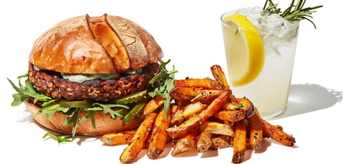 An artisanal veggie burger on a multigrain bun, rosemary garlic fries heap, sparkling lemonade capturing sunlight, setting isolated on a white backdrop