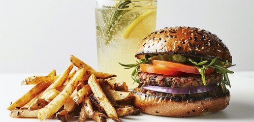 An artisanal veggie burger on a multigrain bun, rosemary garlic fries heap, sparkling lemonade capturing sunlight, setting isolated on a white backdrop