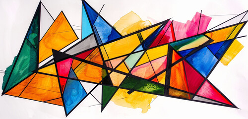 A series of geometric shapes, outlined in bold black ink and filled with vibrant colors, abstractly designed, isolated on white background