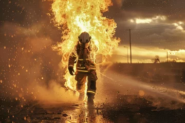  a firefighter wearing fireproof clothing was walking through the flames with his body burned by the flames. True Hero. AI Generative © AriyaniAI