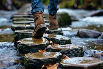 Person crossing a river on stepping stones - Close up of a person's boots walking on tree stump stepping stones across a flowing river surrounded by nature