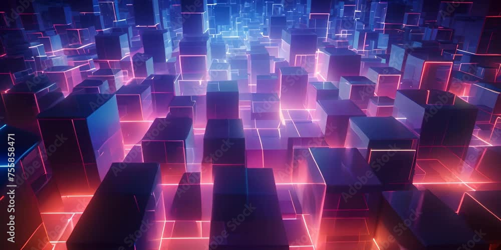 Poster abstract background of dynamic neon cubes with bright lights creating a sense of motion 4k video