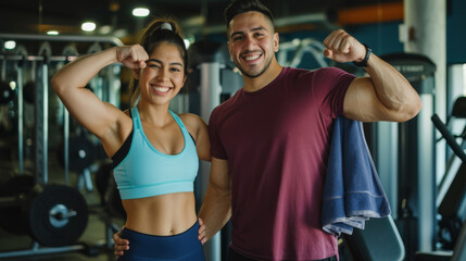 Fototapeta na wymiar fit man and woman in sportswear, smiling and posing confidently in a gym setting