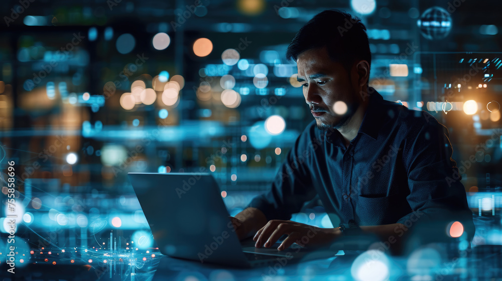 Poster man with glasses is working on a laptop in a dimly lit room with a bokeh effect of city lights in th