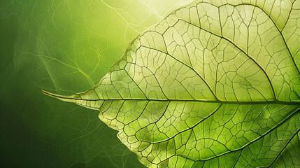 Obraz premium Close-up of a vibrant green leaf, with its detailed veins visible against the light