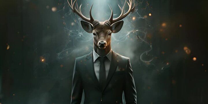 Surreal image of a deer wearing a suit with antlers entangled with shimmering bubbles 4K Video