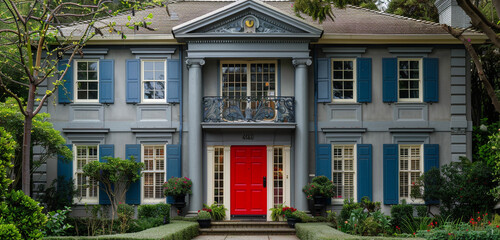 Naklejka premium An enchanting classical house with a symmetrical facade, featuring a dove grey exterior, powder blue window frames, and a striking scarlet door