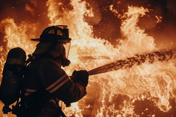 Professional Firefighter Extinguishing Large, High-Priority Part of the Fire. AI Generative