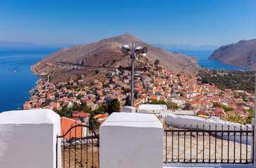 View of the old Greek village of Symi from a height. - 755858839