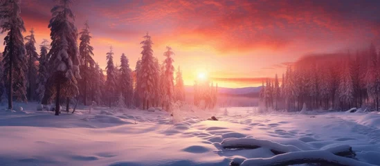 Gordijnen As the sun sets over the snowy forest, the sky is filled with a red afterglow, creating a stunning natural landscape with trees covered in snow © AkuAku