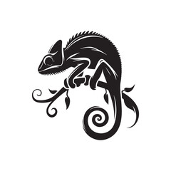 Colorful Camouflage: Vector Chameleon Silhouette, Minimalist Black chameleon Illustration.