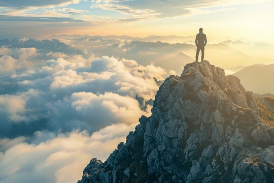 Panoramic view of a hiker atop a majestic mountain peak overlooking a sea of clouds