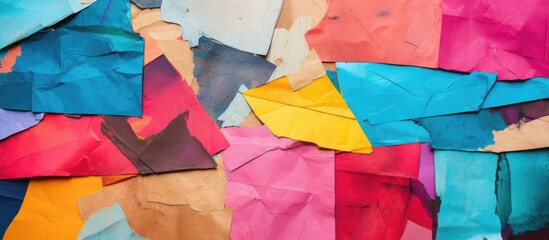 A closeup shot of a vibrant collage made up of colorful pieces of paper, displaying a mix of magenta and electric blue tones in various patterns and shapes resembling a textile artwork