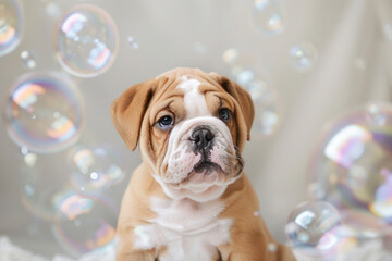 Puppy Among Bubbles - A cute fawn-colored bulldog puppy looks curiously at flying soap bubbles. - obrazy, fototapety, plakaty