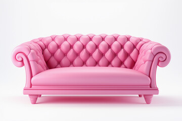 Candy pink color couch on white background. Trendy sofa.