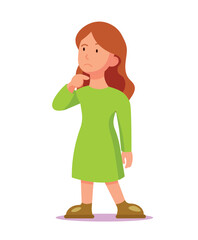 The girl character stands and scratches her chin with her hand. The girl is thinking about how to solve the problem at hand. Illustration in flat style. 