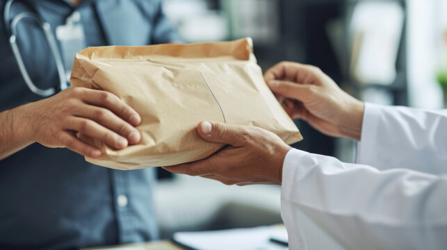Person in a lab coat receiving a package from another person, representing a delivery or transfer of goods, possibly medical supplies or documents, in a healthcare setting. - Powered by Adobe