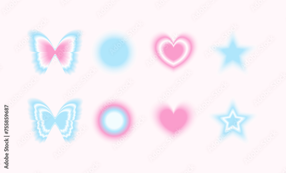 Wall mural y2k style blurred trendy shapes set. butterfly, star, heart design elements.