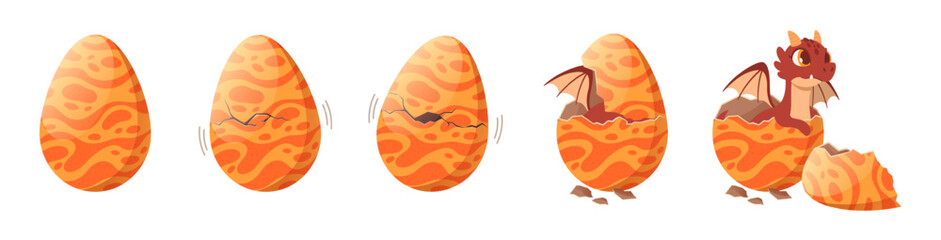 Dragon hatching from egg. Mythical fire dragon egg through incubation to birth, cartoon hatching process animation frames vector illustration set