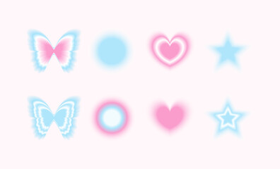 Fototapeta na wymiar Y2K style blurred trendy shapes set. Butterfly, star, heart design elements.