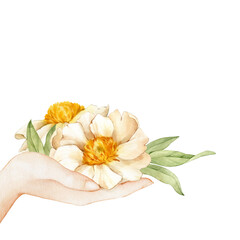 Hand with white peony. All elements are hand-drawn in watercolor and isolated on a white background