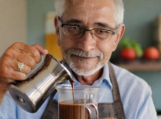 Retired man using a french press making coffee in his kitchen.