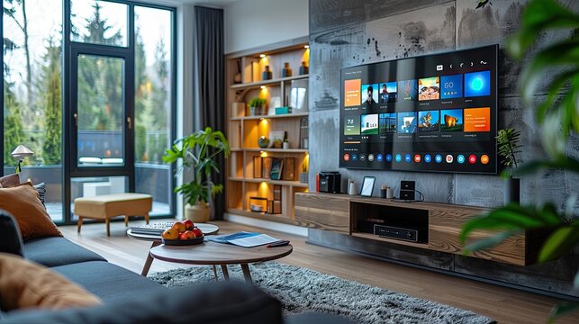 modern interior with a television screen displaying multiple content choice