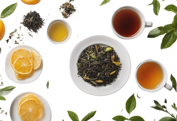 Creative layout made of cup of tea green tea black tea fruit and herbal tea on white background Flat