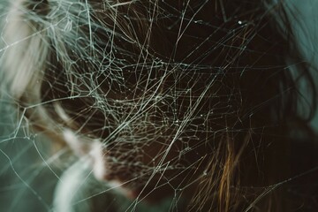 Ethereal portrait of a person obscured by a cobweb, evoking mystery and delicacy in a dark, textured background.

