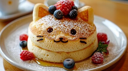 Cat shaped pancake breakfast for kids  cute pancake with berries and honey on white plate