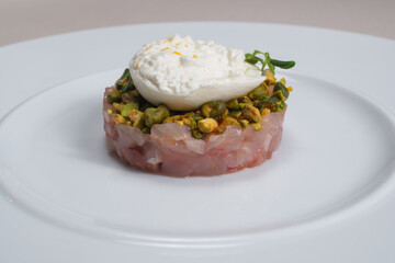 Tartare di carne con granella di pistacchio e mozzarella