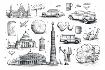 Travel and tourism doodle illustration and hand drawn vacation holiday elements outline clipart on white background