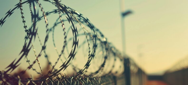 Close up of barbed wire on fence at entrance to a military base or prison with a blurred background Generative AI