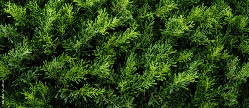 Poster a closeup of a lush evergreen shrub with an array of green leaves, adding a beautiful and vibrant el
