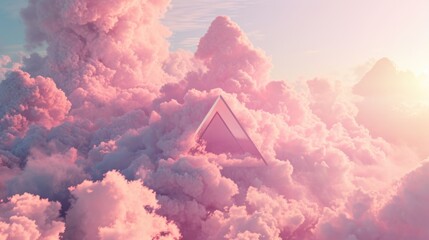 The great pink floating triangle beyond the sky that surrounded with pink cloudscape at the dawn or dusk time of the day that shine neon light and bright to the every part of the endless sky. AIGX03. - obrazy, fototapety, plakaty