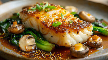 Modern Thai fried cod fish filet with bok choi and mushrooms as close up on a plate.  generative ai