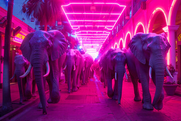 A procession of elephants with glowing tusks walking under neon lights at night in a street - obrazy, fototapety, plakaty