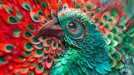 Colorful bird model with a detailed, artistic rendering of feathers in red, green, and teal