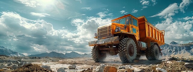 Large quarry dump truck. Big yellow mining truck at work site. Loading coal into body truck. Production useful minerals. AI generated illustration - obrazy, fototapety, plakaty