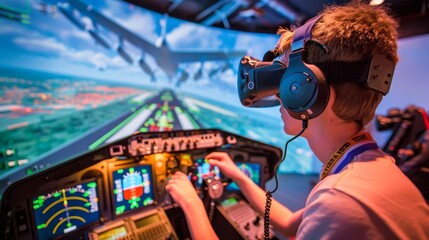 Vr pilot exam at aviation school  man in vr glasses operates virtual aircraft in simulator cabin - Powered by Adobe