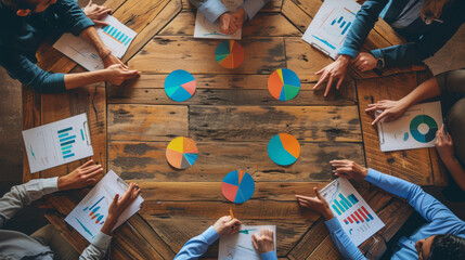 top view of several people's hands pointing and reaching towards a colorful pie chart on a table surrounded by business reports and documents, indicating a collaborative work environment