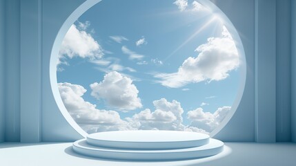 Dreamy 3d cloud podium for product display on pastel background in a minimalist studio setting