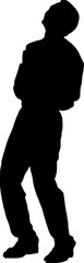 Silhouette of a child with a backpack next to a standing woman.