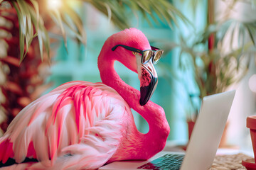 Cute flamingo bird looking computer laptop in glasses.