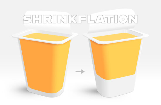 Shrinkflation concept. Reduced size of product instead of increasing price. Hidden decrease in volume of container 3D vector illustration
