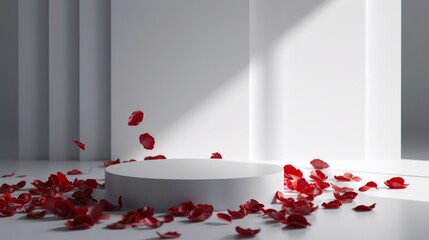 Professional studio capturing a white empty podium, with scattered rose petals