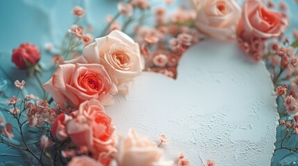 Fototapeta na wymiar White sheet with romantic flowers around . Valentines day concept