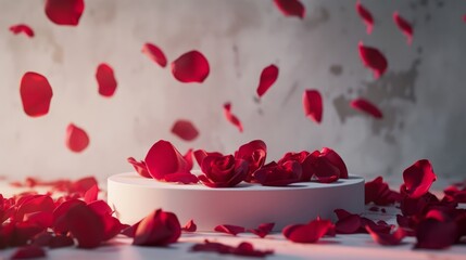 White podium with scattered rose petals