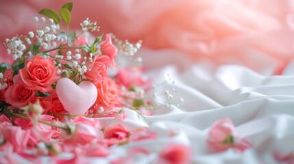 White sheet with romantic flowers around . Valentines day concept