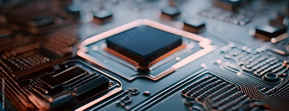 Poster pu chip on circuit board. black motherboard with central processor chip. computer hardware tecnology